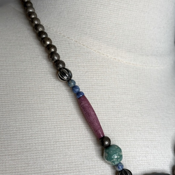 Boho Statement Necklace – Hammered Metal Disc Pendant with Colorful Beads - Picture 4 of 4